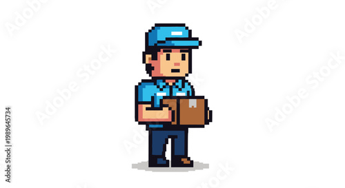 Pixel Art Delivery Man Holding Package Box - Retro Style Courier Character