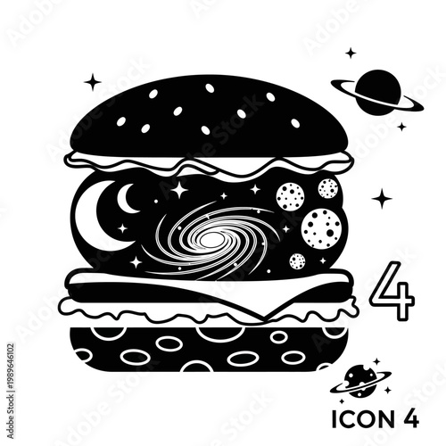 Cosmic Burger Icon: Galaxy, Moon, Stars, Planets, Space Food Concept
