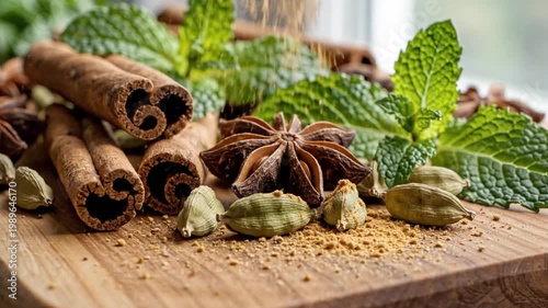 Sprinkling Ground Spice Powder Over Cinnamon, Star Anise, Cardamom and Fresh Mint
