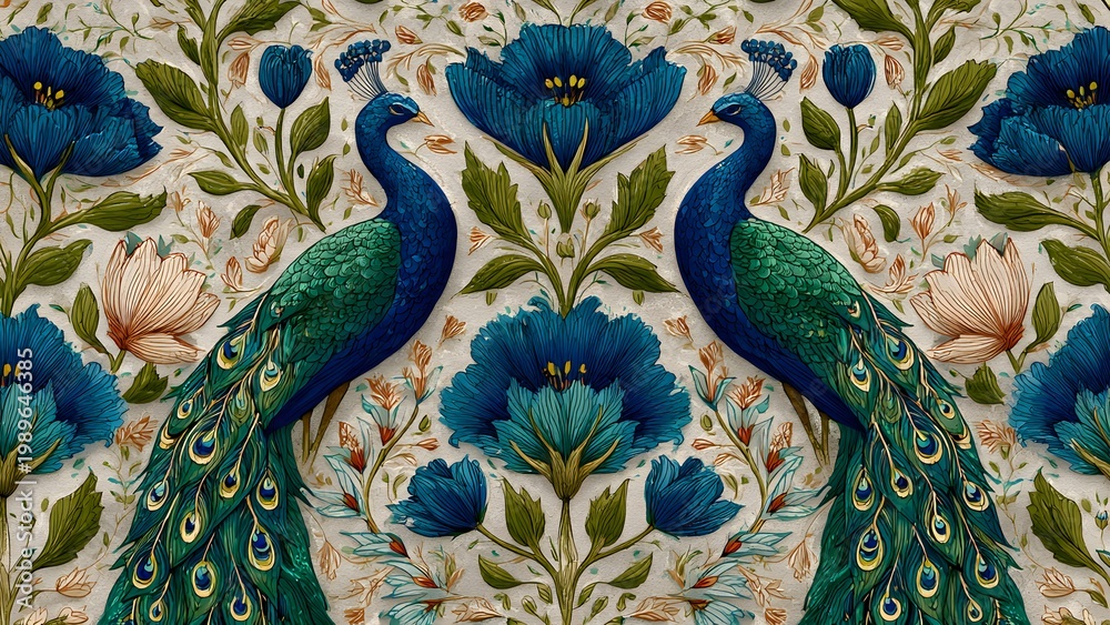 Fototapeta premium Seamless repeating pattern of hand-drawn peacocks and ornamental elements, ink + watercolor hybrid style, intricate feather details, floral accents integrated into composition