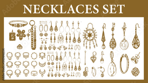 Vintage Jewelry Collection Vector Set: Hand-Drawn Sketch of Elegant Earrings, Necklaces, and Pendants – Antique Boho Style Bijouterie and Filigree Accessories for Fashion Branding and Luxury Design