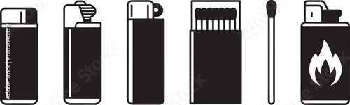 Black and white of lighters matches and a single matchstick fire ignition