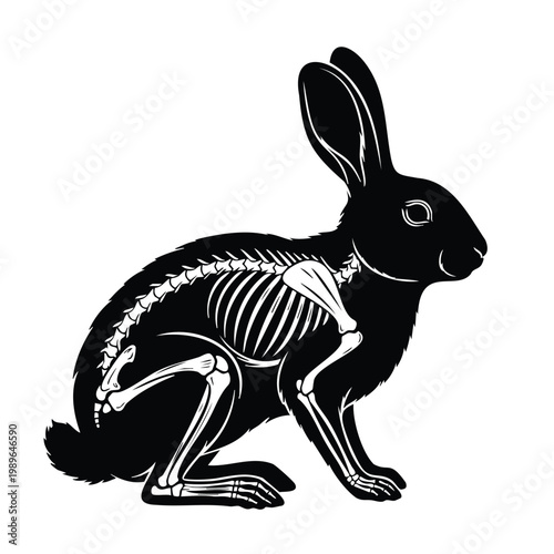 Rabbit skeleton silhouette, set bundle x-ray animal anatomy on white.