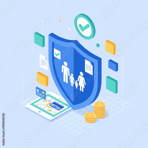 Isometric illustration of family insurance and financial protection with a shield, documents, and money.