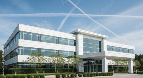 modern office building exterior with clear blue sky and contrails