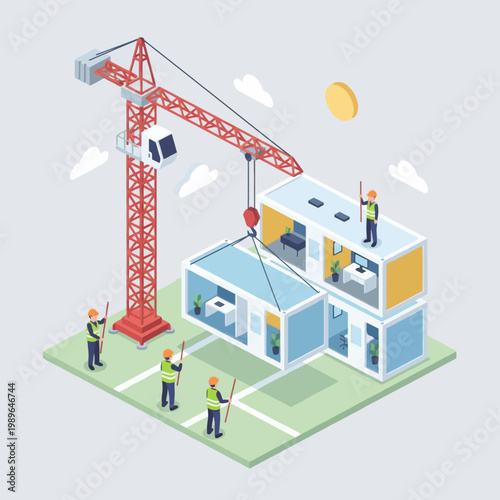 Isometric illustration of a construction site with a crane lifting a modular building section, guided by workers.