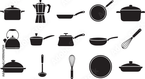 Black and white of various kitchen cooking utensils and cookware