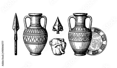 Ancient Greek artifacts amphora spearhead plate vector illustration