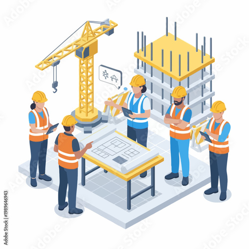 Construction team collaborating on blueprints at a building site with a crane.