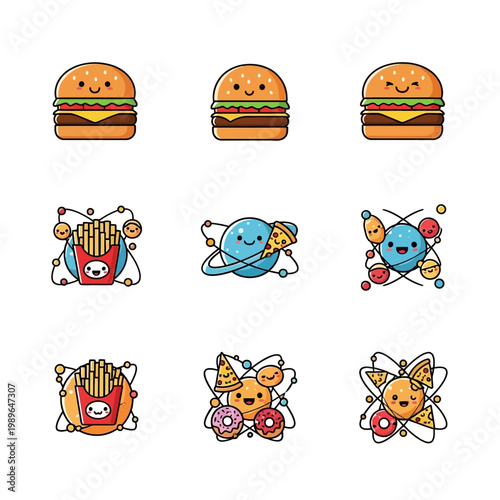 Cute Kawaii Food Characters in Space: Burgers, Fries, Pizza, Donuts
