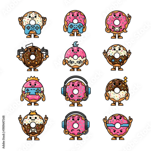 Cute Kawaii Donuts Playing Video Games, Gamer Food Characters
