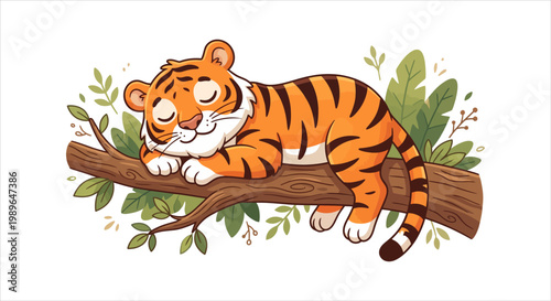 A serene orange tiger cub gently sleeps on a sturdy tree branch amidst lush green leaves, showcasing peaceful wildlife