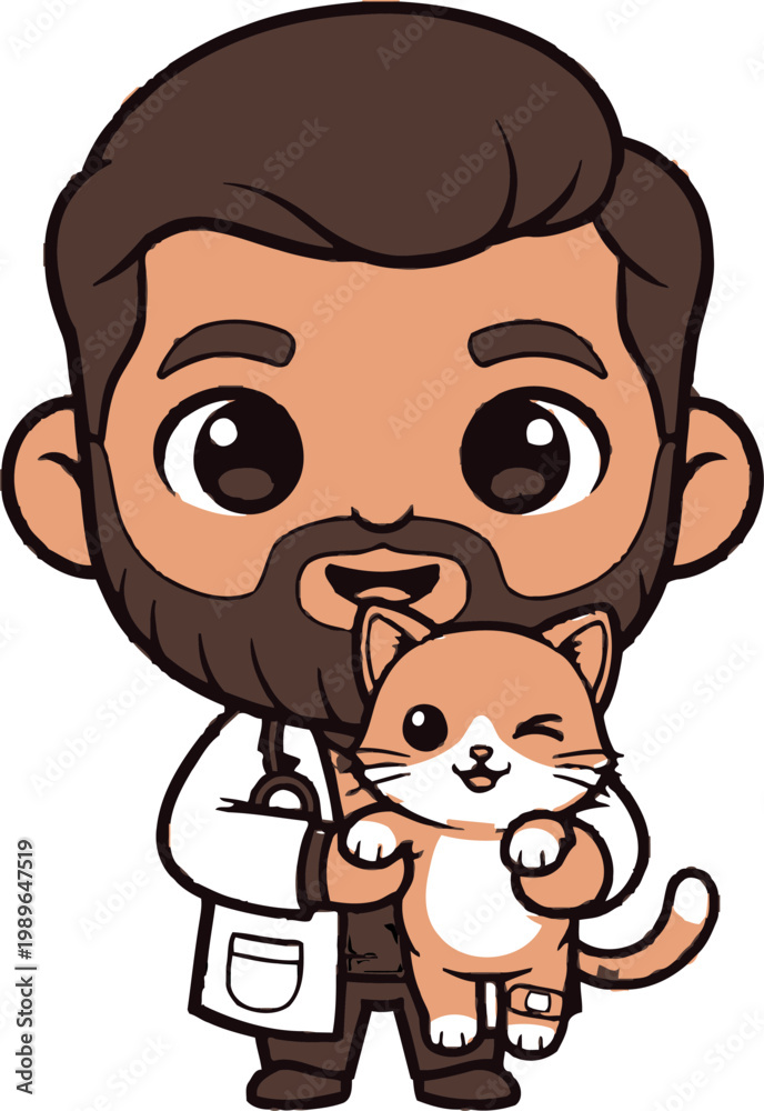 Obraz premium Veterinarian holding cat vector illustration featuring a friendly male doctor with a beard wearing a white medical coat and holding a cute small tabby kitten in a playful cartoon design style isolated