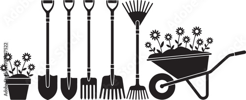 Black and white silhouette of gardening tools and flowers shovel