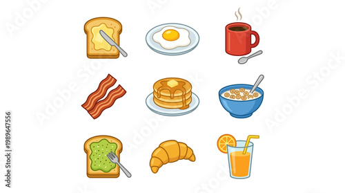 Colorful breakfast food icons on white.