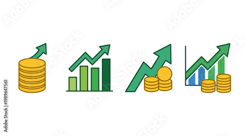 Financial growth icons with coins arrows.