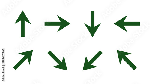 Set of green directional arrows indicating movement in various orientations on a white background