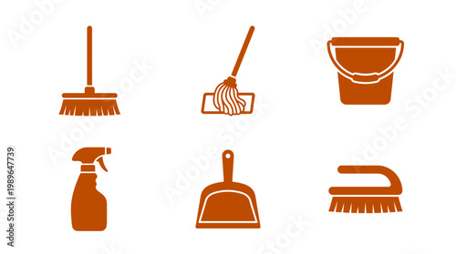 Collection of cleaning tools including broom, mop, bucket, spray bottle, and dustpan on white background