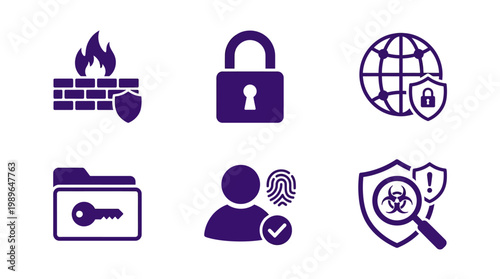 Collection of cybersecurity icons representing protection, privacy, and digital security measures