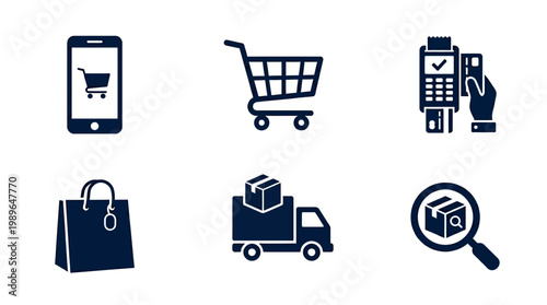 Digital shopping icons illustrating mobile commerce, cart, payment, and delivery services