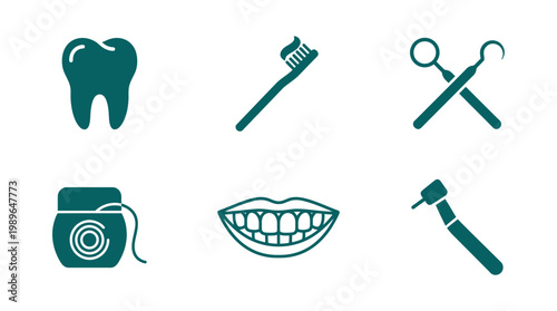 Dental hygiene tools and symbols featuring a tooth, toothbrush, floss, and dental instruments