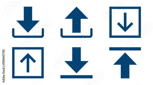 Collection of download and upload icons in various orientations and styles for digital use