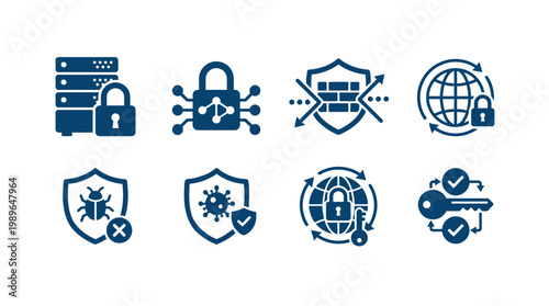 Collection of cybersecurity icons depicting various security measures and concepts