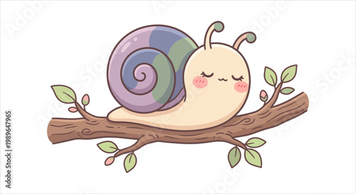 Adorable pastel snail peacefully sleeping on a gentle spring branch illustration