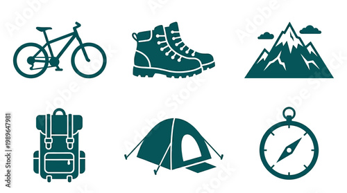 Outdoor Adventure Gear Including Bicycle, Hiking Boots, Mountain, Backpack, Tent, and Compass