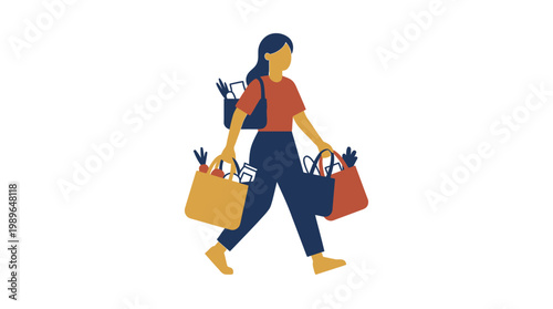 Woman walking with shopping bags.