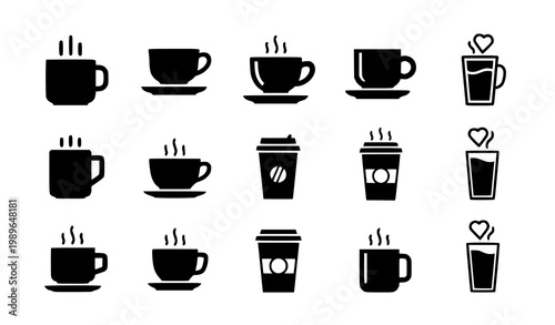 A set of black and white vector icons depicting various coffee cups and mugs