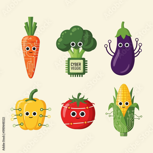 Cyber Vegetables: Carrot, Broccoli, Eggplant, Pepper, Tomato, Corn Characters