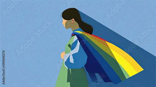 Abstract woman with flowing rainbow fabric in textured cutout style, modern LGBTQ pride illustration expressing identity, diversity, and emotional empowerment