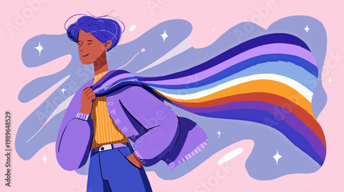 Stylish young man with flowing rainbow scarf in soft gradient style, modern LGBTQ pride illustration focused on identity, confidence, and inclusion