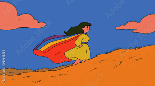 Whimsical cartoon woman in colorful landscape with bold outlines, expressive LGBTQ pride illustration celebrating identity, freedom, and individuality