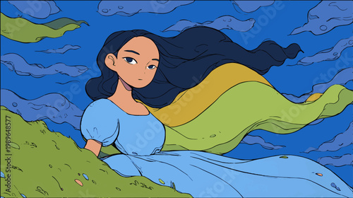 Whimsical cartoon woman in colorful landscape with bold outlines, expressive LGBTQ pride illustration celebrating identity, freedom, and individuality