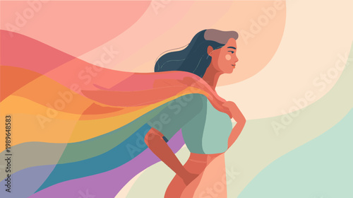 Elegant woman with flowing translucent rainbow fabric in soft gradient style, modern LGBTQ pride illustration symbolizing beauty, identity, and empowerment