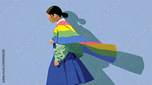 Abstract woman with flowing rainbow fabric in textured cutout style, modern LGBTQ pride illustration expressing identity, diversity, and emotional empowerment