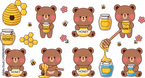 Cute teddy bear cartoon set with honey jars, bees and honeycomb, adorable animal illustration for kids and sweet food design