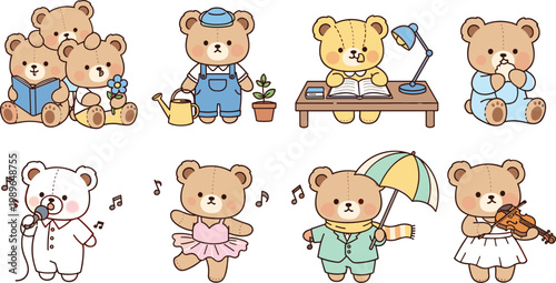 Cute teddy bear cartoon set with various daily activities including studying gardening singing dancing umbrella walking and violin playing