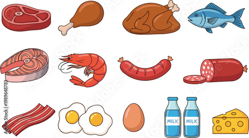 Meat and protein food collection set including steak chicken fish sausage eggs milk cheese and seafood cartoon illustration