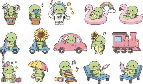 Cute kawaii turtle character set with activities including astronaut travel music gardening driving relaxing and fun cartoon illustration