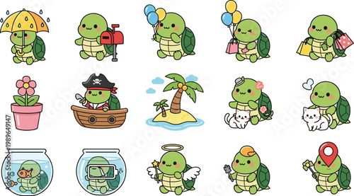 Cute kawaii turtle character set with daily activities including shopping travel gardening angel pirate and home cartoon illustration