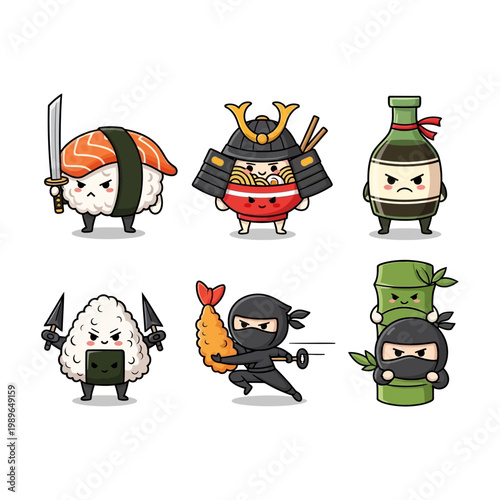 Kawaii Japanese Food Characters: Sushi Samurai, Ramen Warrior, Soy Sauce Bottle, Onigiri Ninja