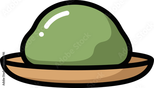 Mochi dessert vector illustration featuring a round green Japanese sweet rice cake served on a small brown plate isolated on a clean white background for culinary websites, restaurant menus, food blog