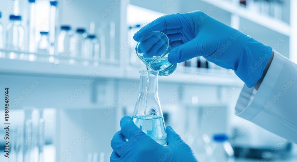 Fototapeta premium Close-up hands holding pouring blue fluid liquid beaker flask test tube glassware sample laboratory for compare in medicine chemical biology medical medicine science experiment technology analysis