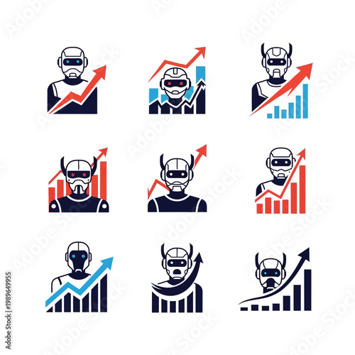 Robot Icons with Growing Bar Charts and Upward Arrows