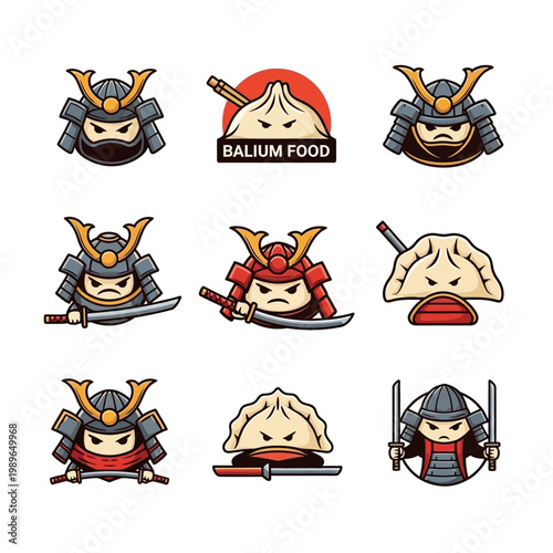 Samurai Warriors and Dumplings Logo Icons Set