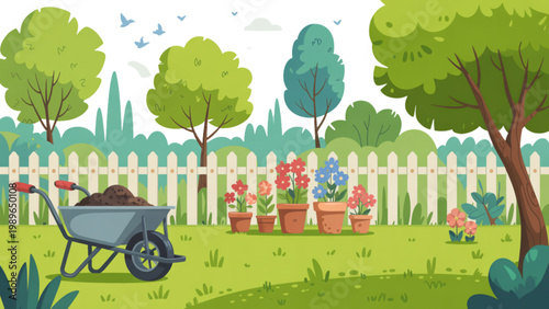 Cartoon garden illustration with white picket fence wheelbarrow soil flower pots colorful blooms and lush green trees in sunny outdoor scene