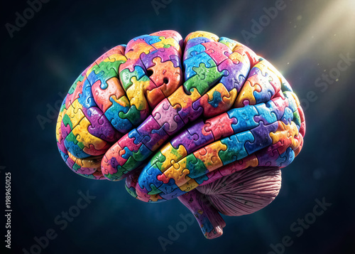 An image of a human brain made up of interconnected puzzle pieces, symbolizing cognitive functions and the complexity of thinking